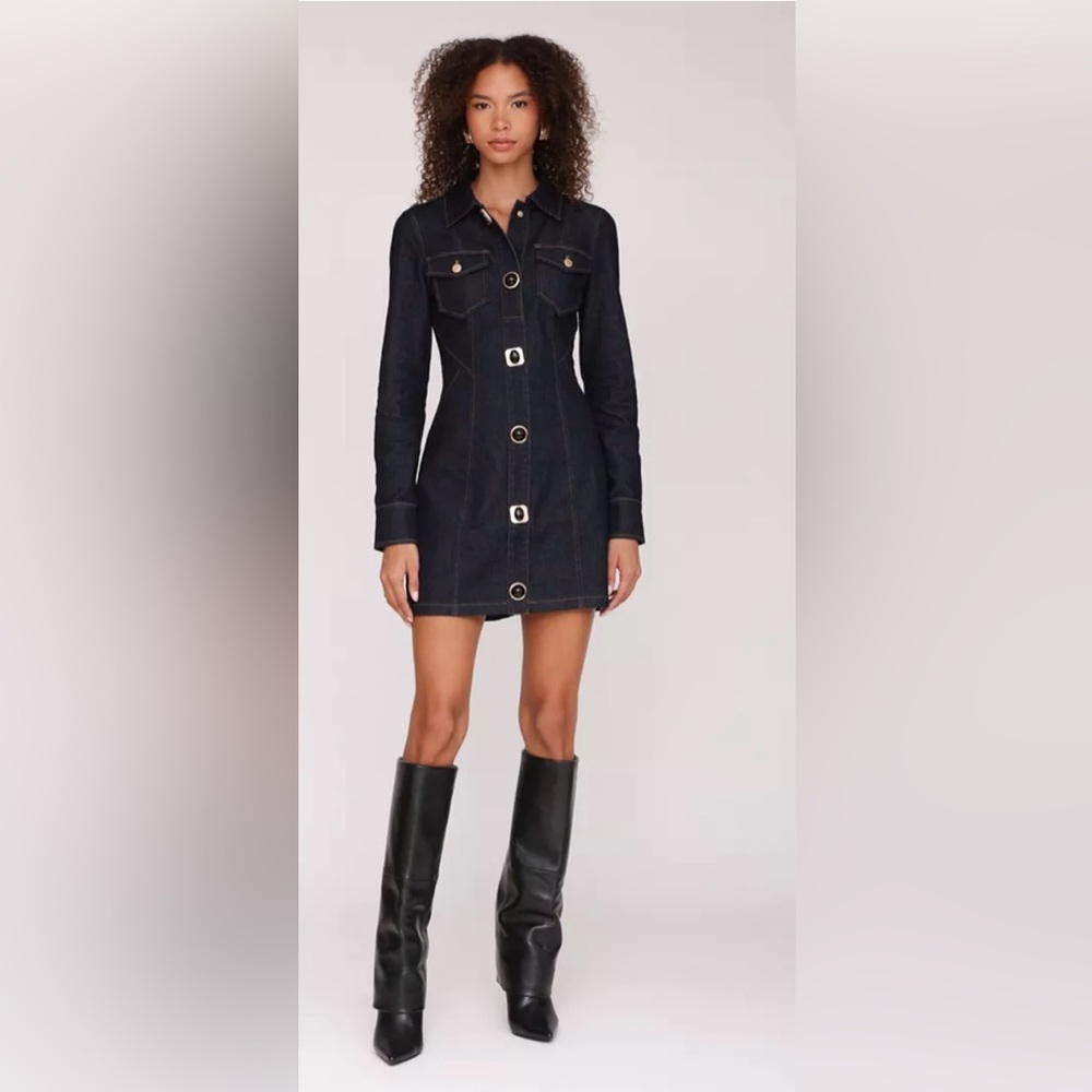 Avec Les Filles Black Denim Button-Front Mini Dress